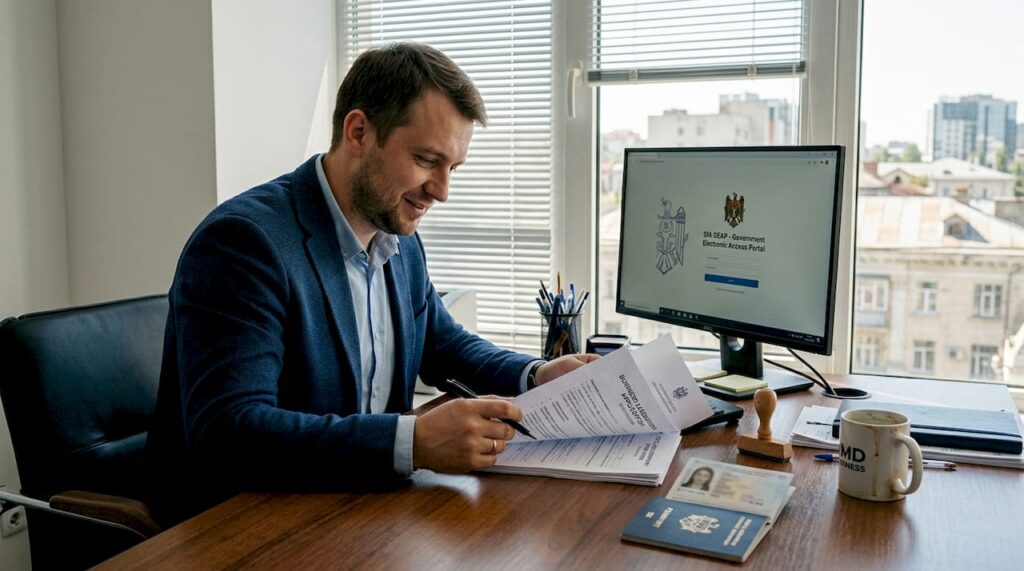 Business person reviewing Moldovan licensing paperwork