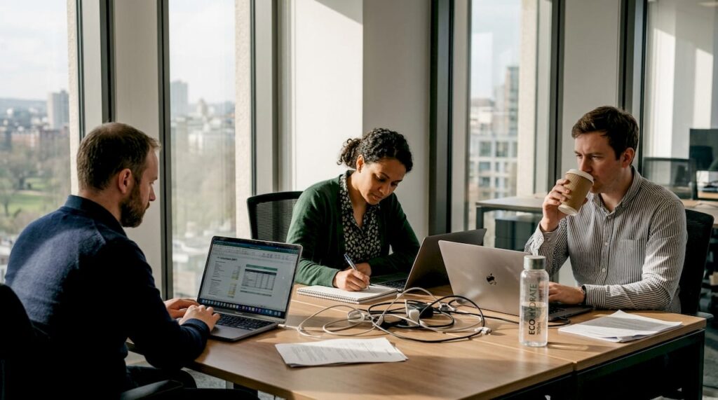 IT team planning tax strategy in office
