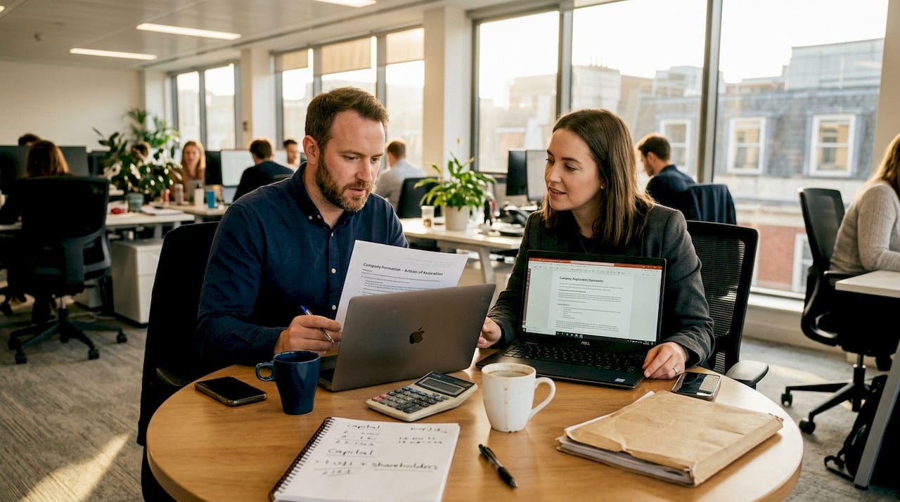 Two professionals working on cross-border company documents