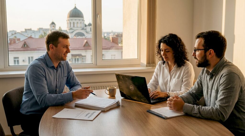 Business people discussing documents in city office
