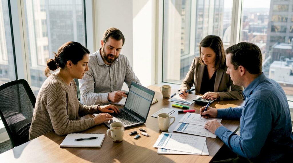 IT team reviewing tax documents in office