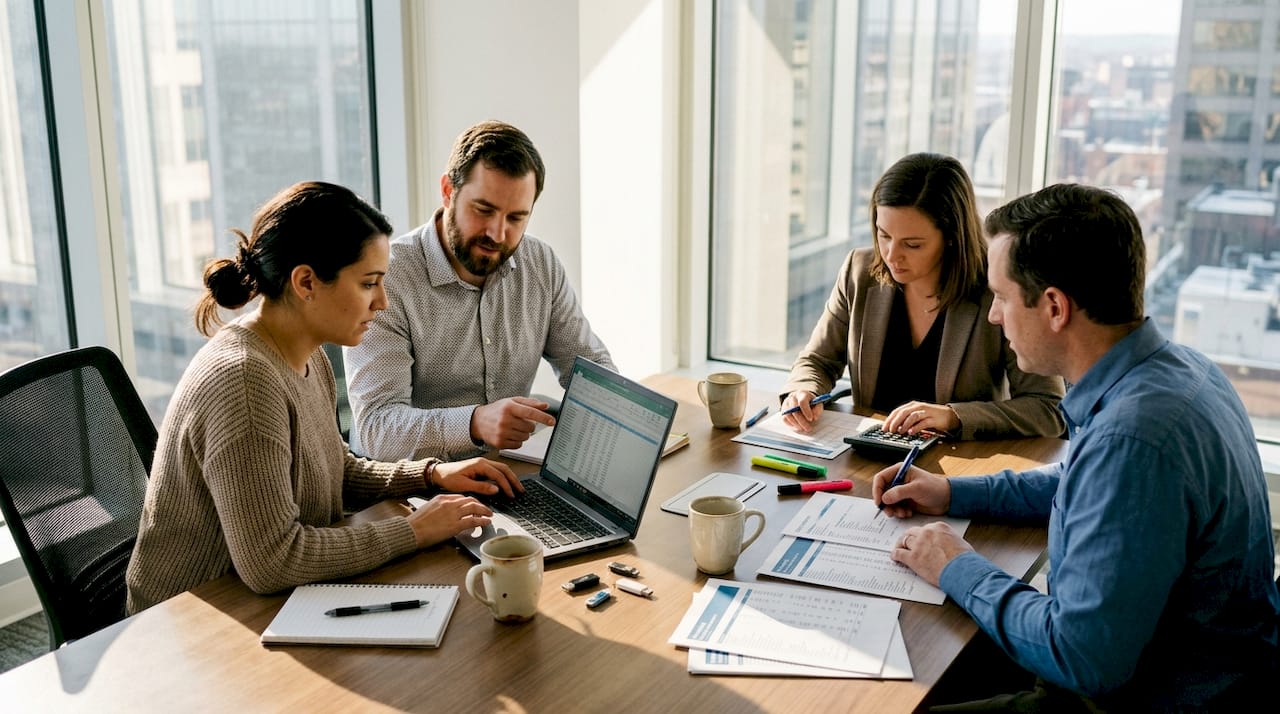 IT team reviewing tax documents in office
