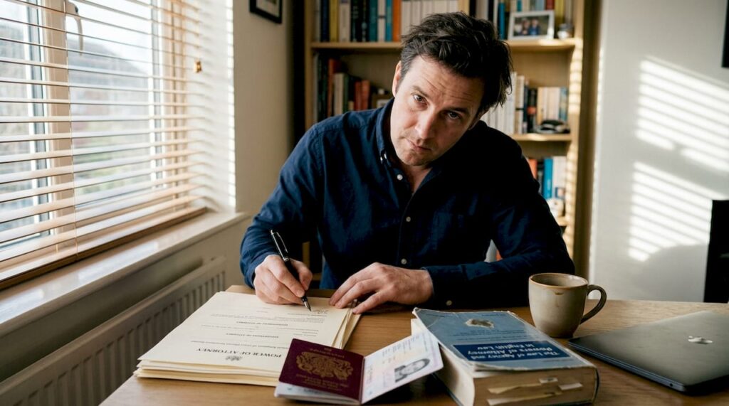 Founder signs power of attorney documents at home desk