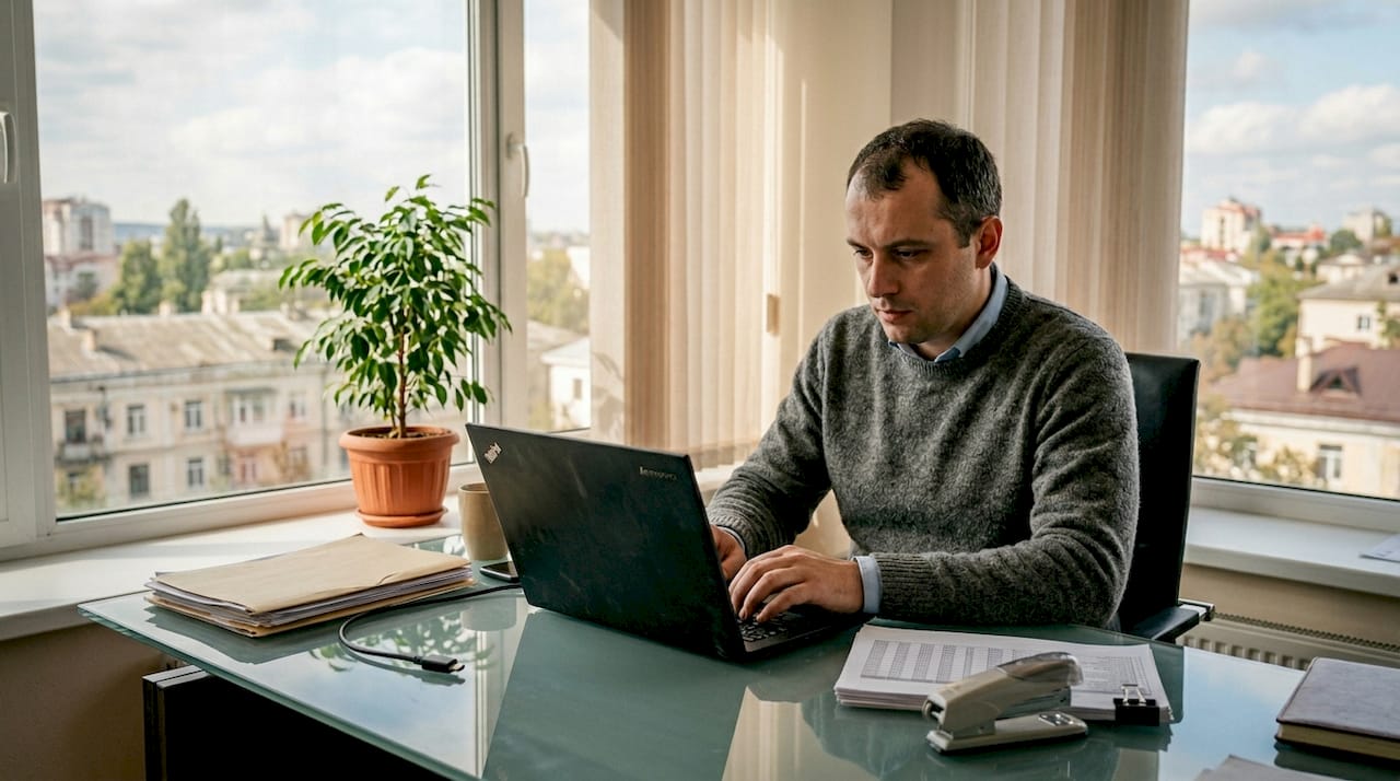 IT professional working at desk in city office