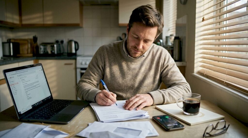 Man signing papers at kitchen table for business