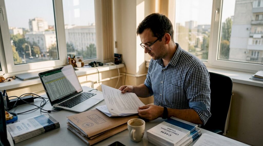 IT manager reviewing documents Moldova office