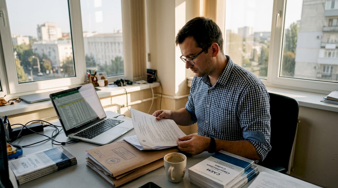 IT manager reviewing documents Moldova office