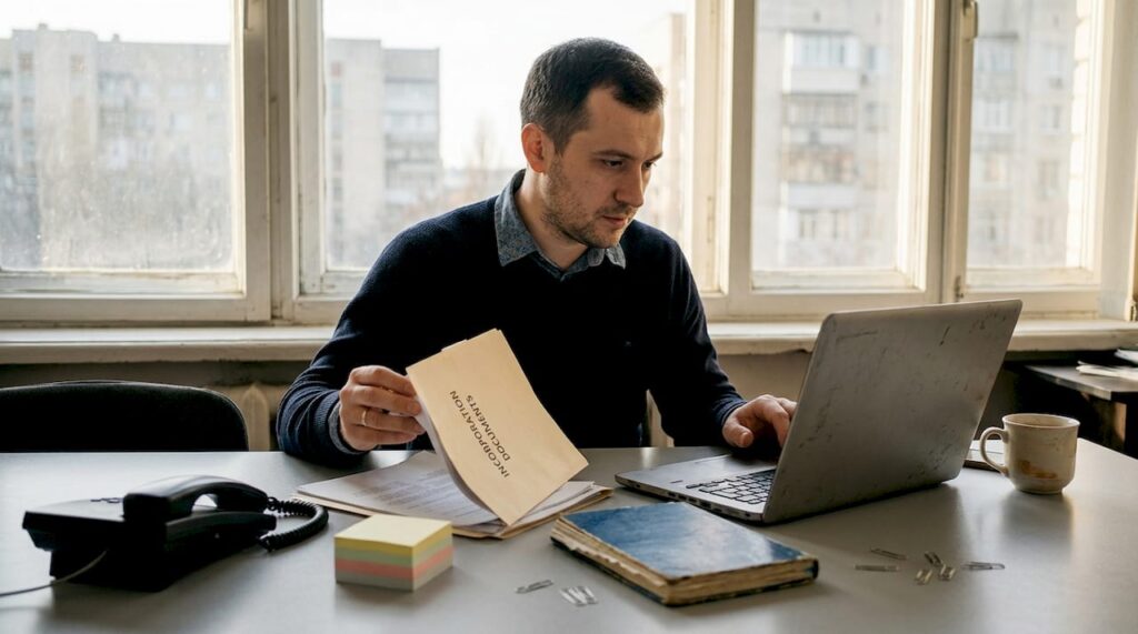 Consultant reviewing company documents Moldova office