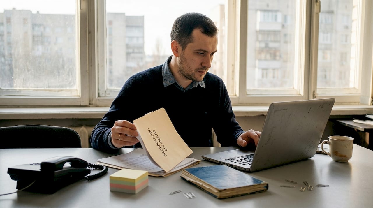 Consultant reviewing company documents Moldova office