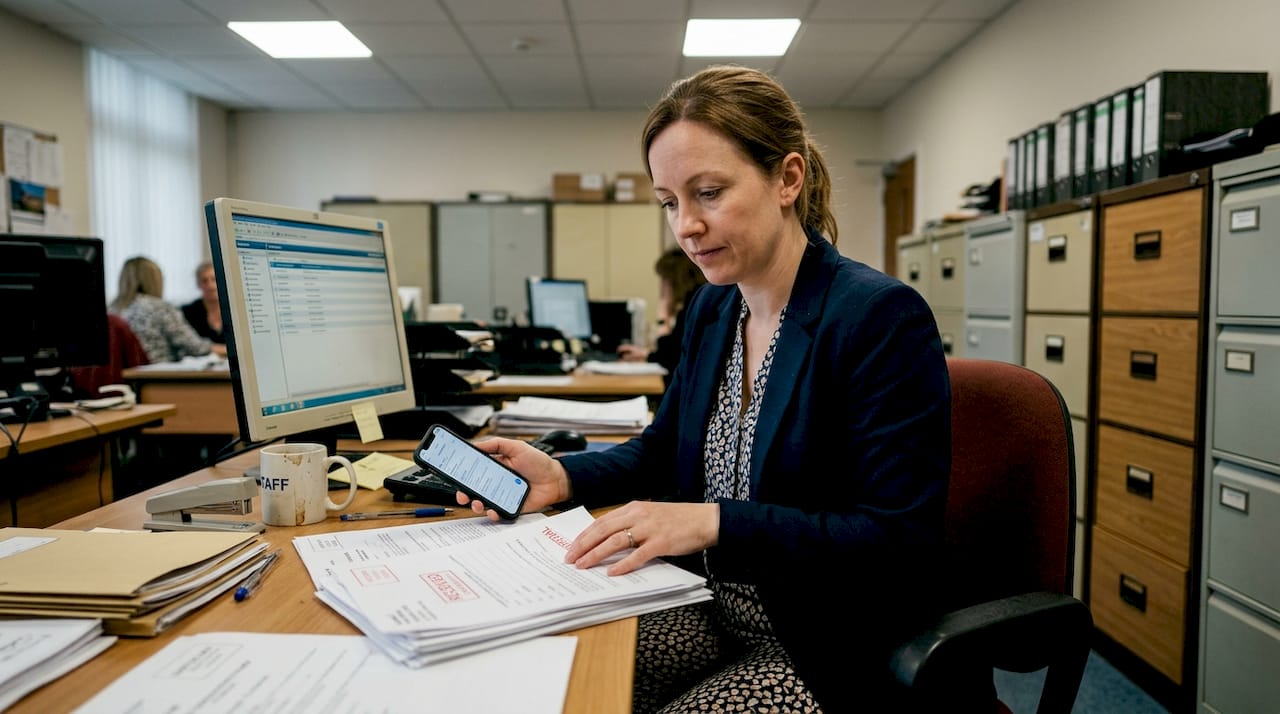 Businesswoman reviews documents at registration office