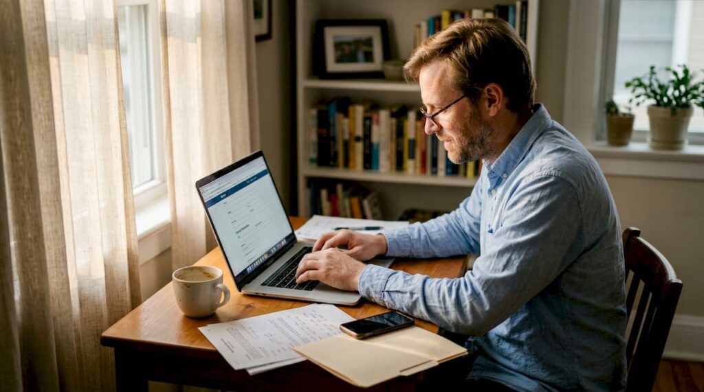 Man remotely registering business in home office