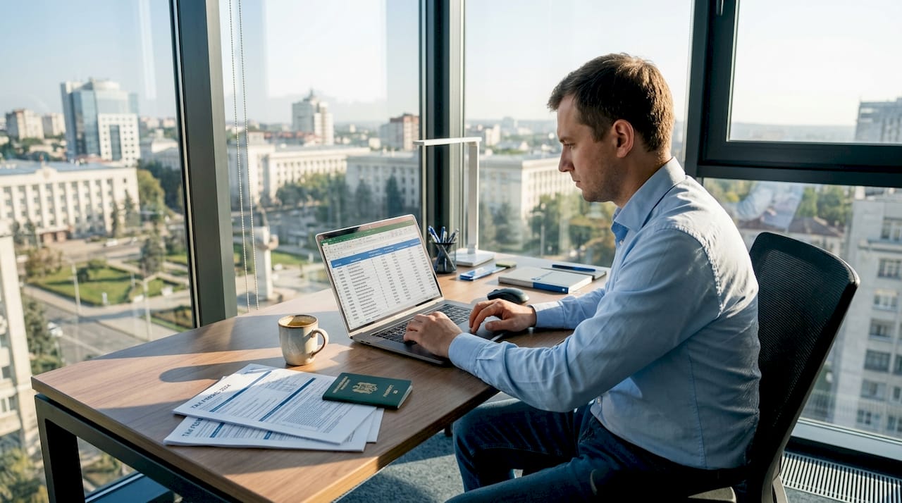 Expat reviewing Moldovan tax documents in office