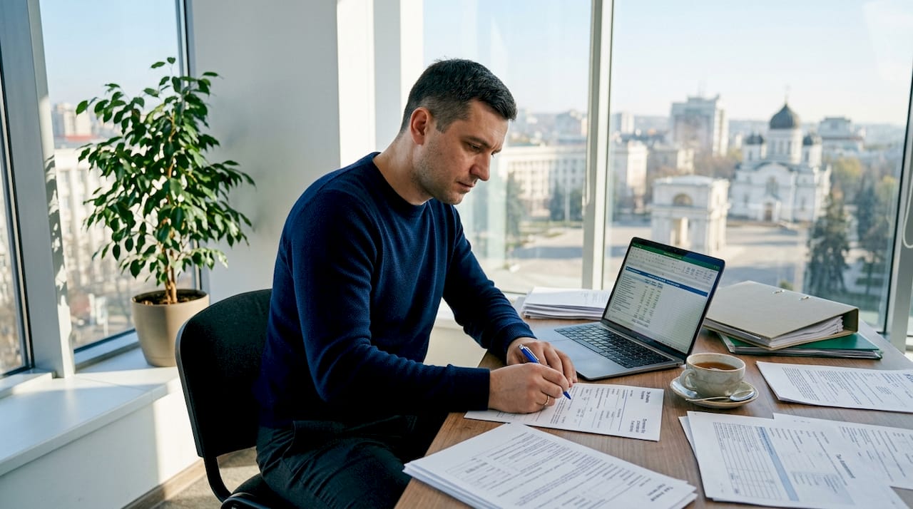 Businessman reviews tax documents at office desk