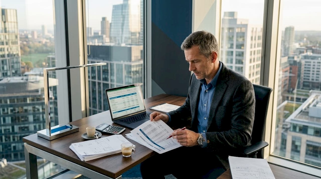 Executive checking financial report at office desk