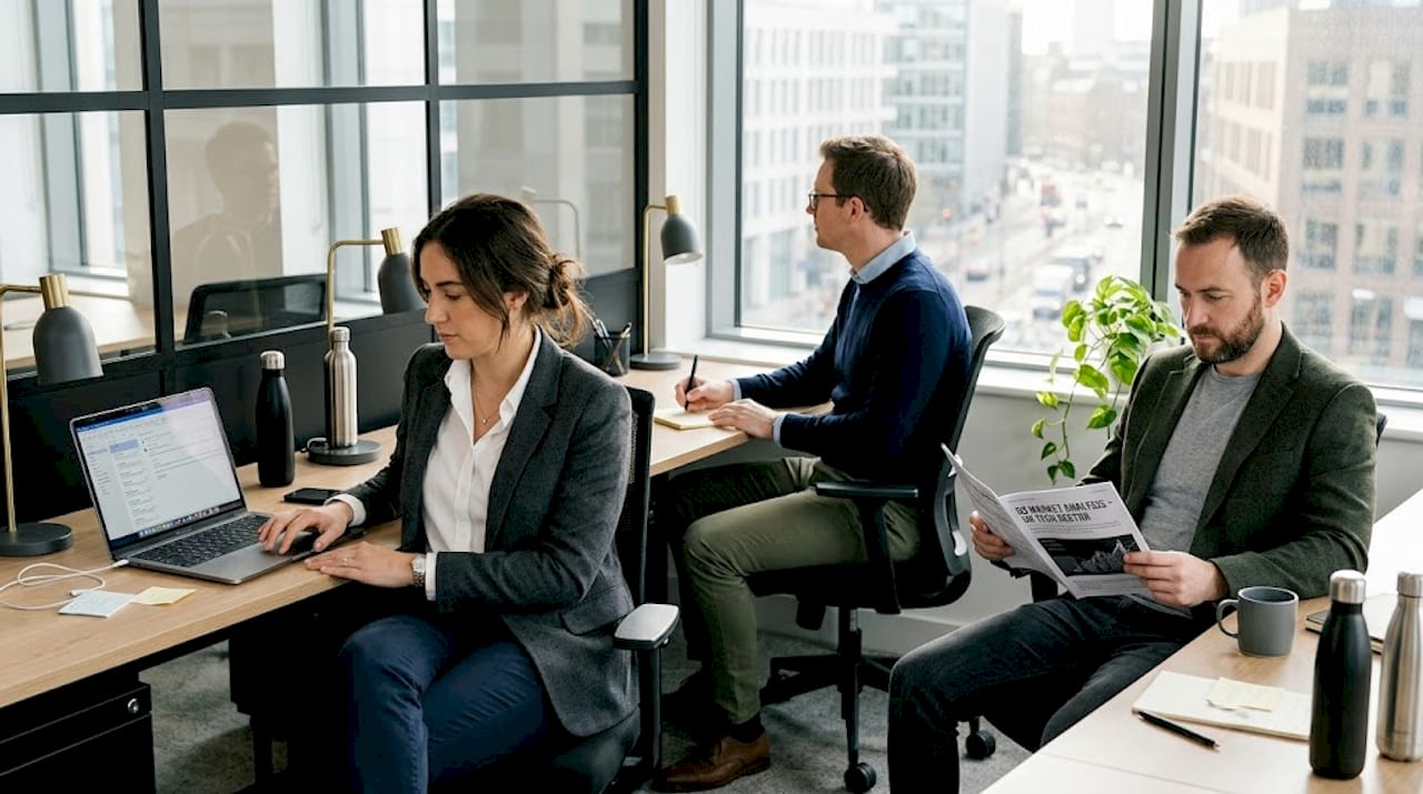 Business founders working in sunlit office